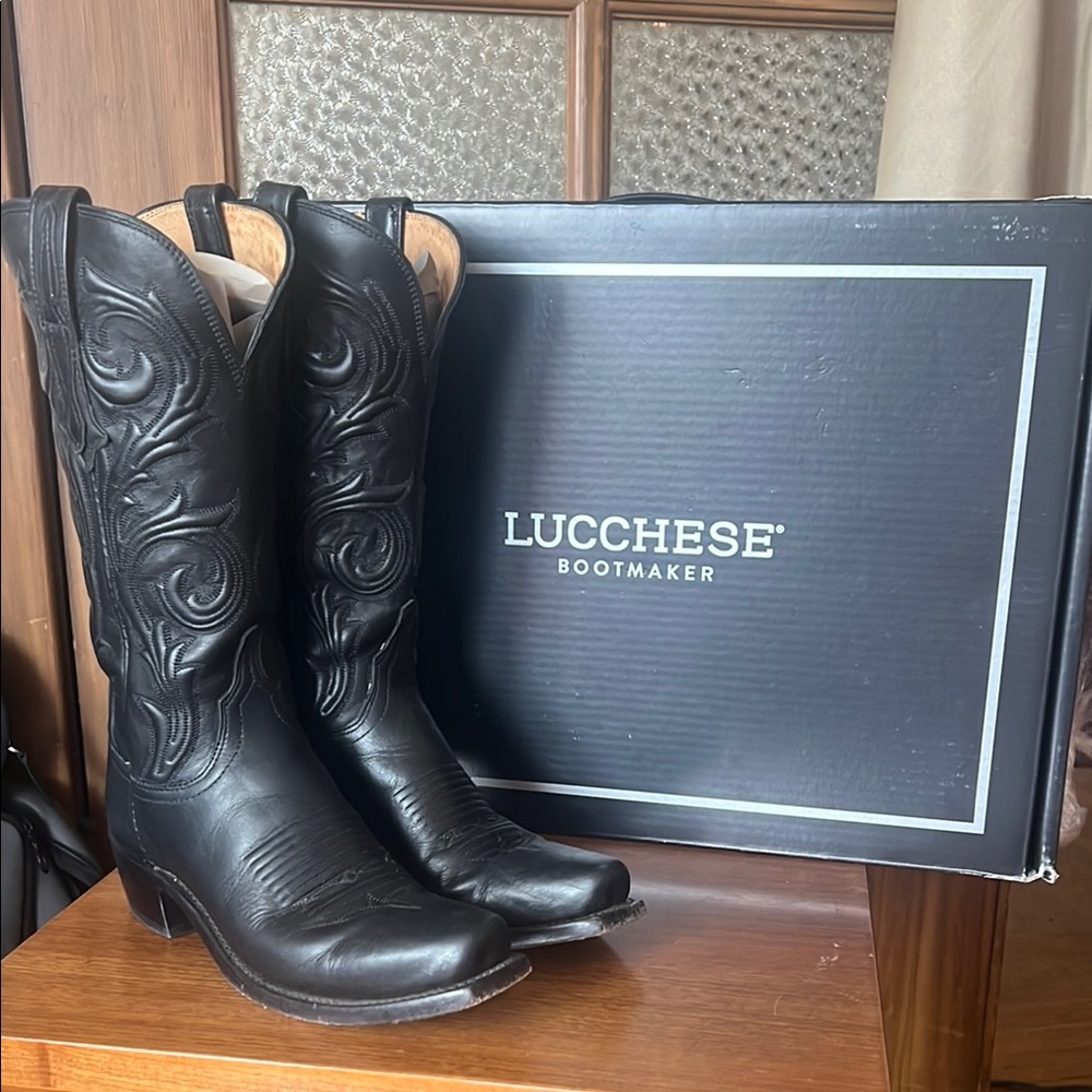 Lucchese Black Leather Cowboy Boots